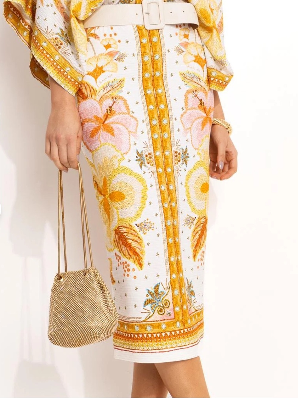 Farm Rio Brazil White Floral Pencil Skirt with Yellow and Pink Accents